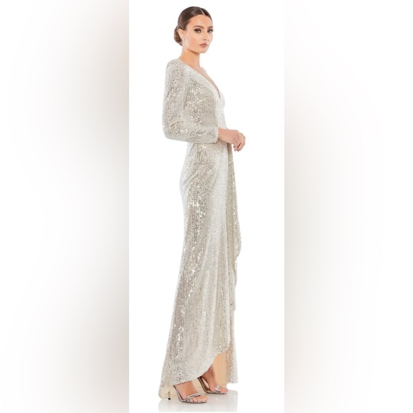 NWT Mac Duggal Sequin Wrap Evening Gown Silver Gold Toned Size 6 - Picture 4 of 12